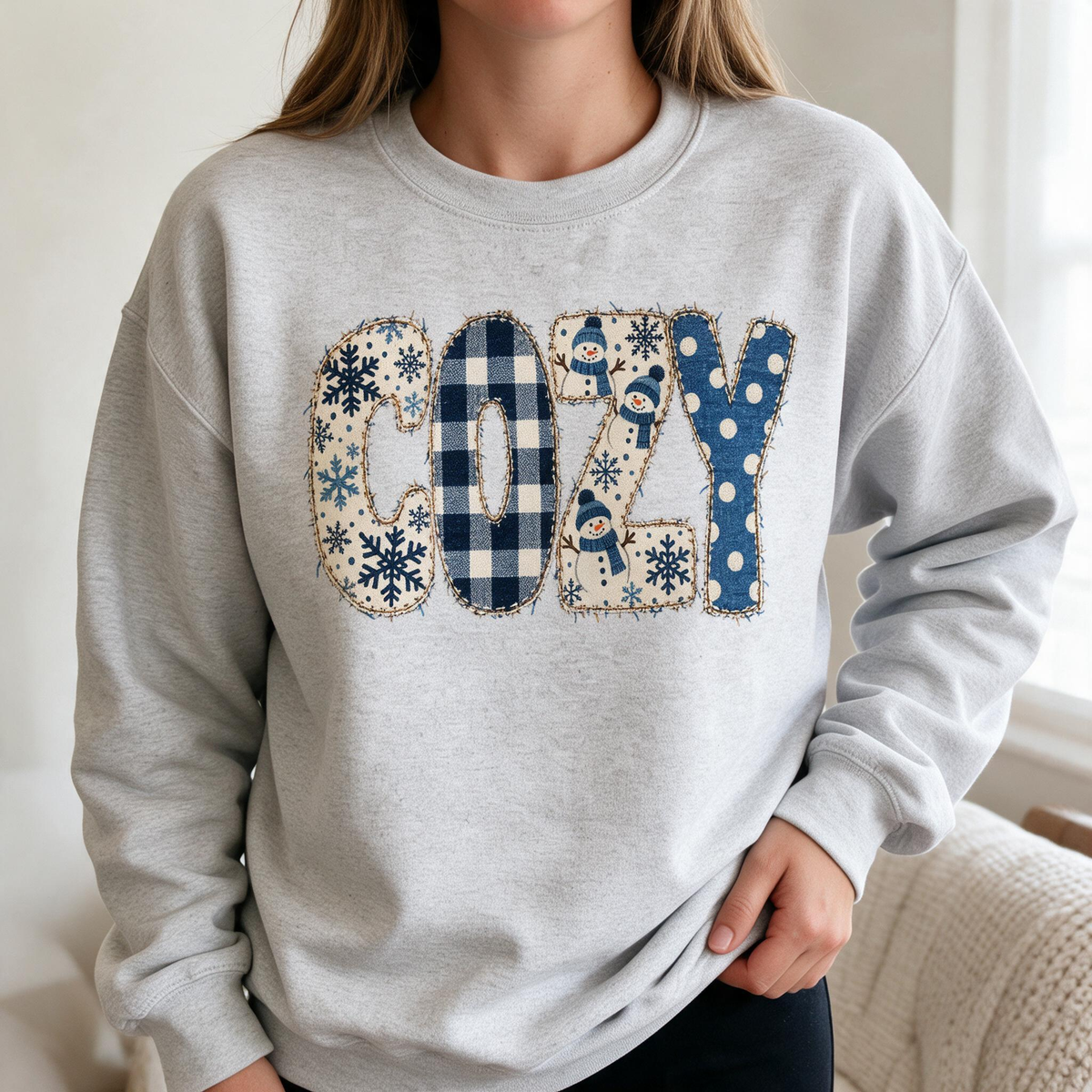 Model wearing the Cozy Snowmen sweatshirt in Ash