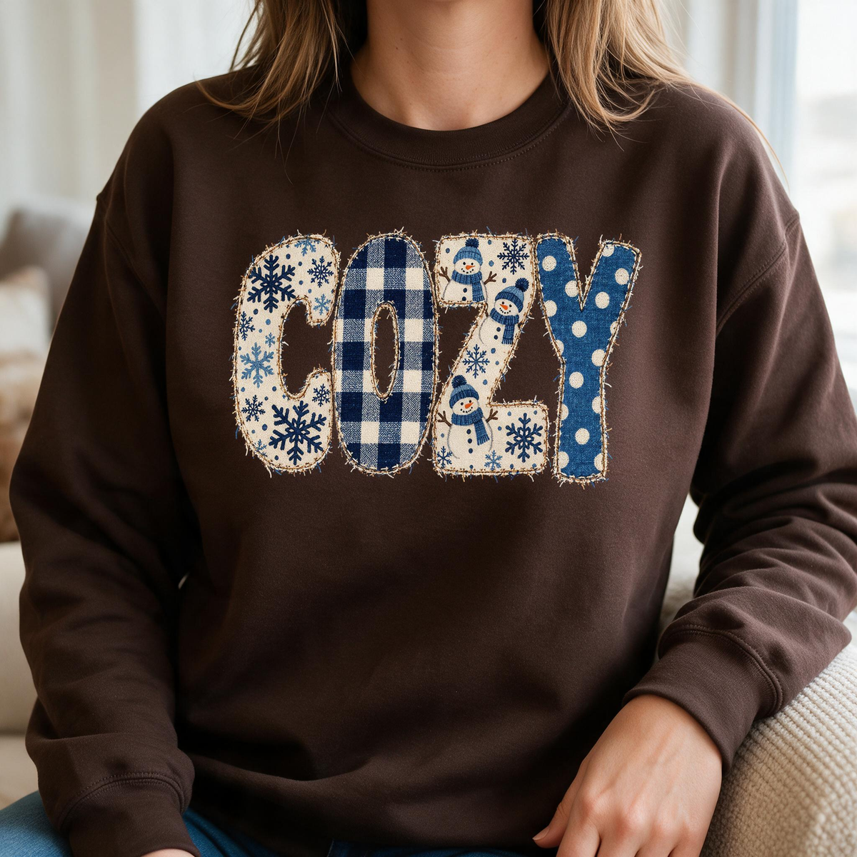 Model wearing the Cozy Snowmen sweatshirt in Dark Chocolate