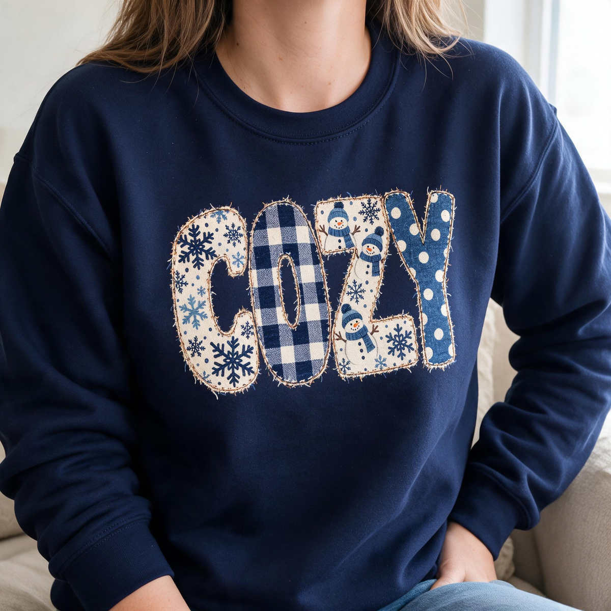 Model wearing the Cozy Snowmen sweatshirt in Navy