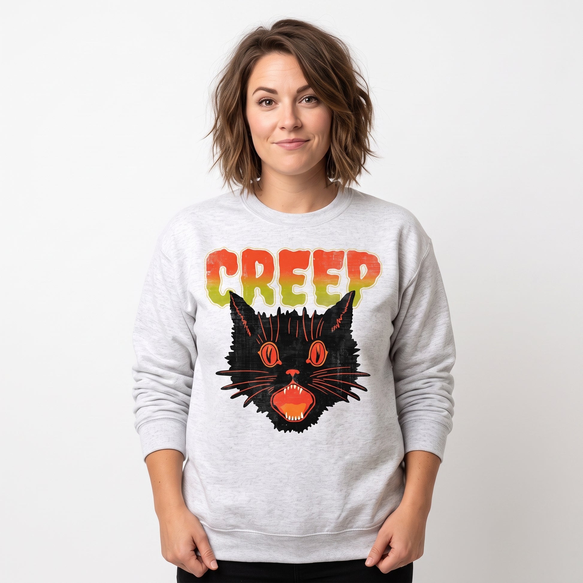 Model wearing the Creep Black Cat sweatshirt in Ash, cover image 1