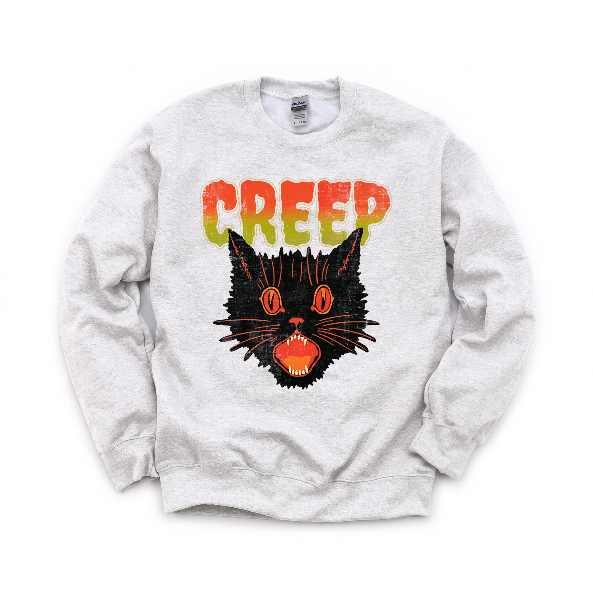 Creep Black Cat graphic on Gildan 18000 in Ash