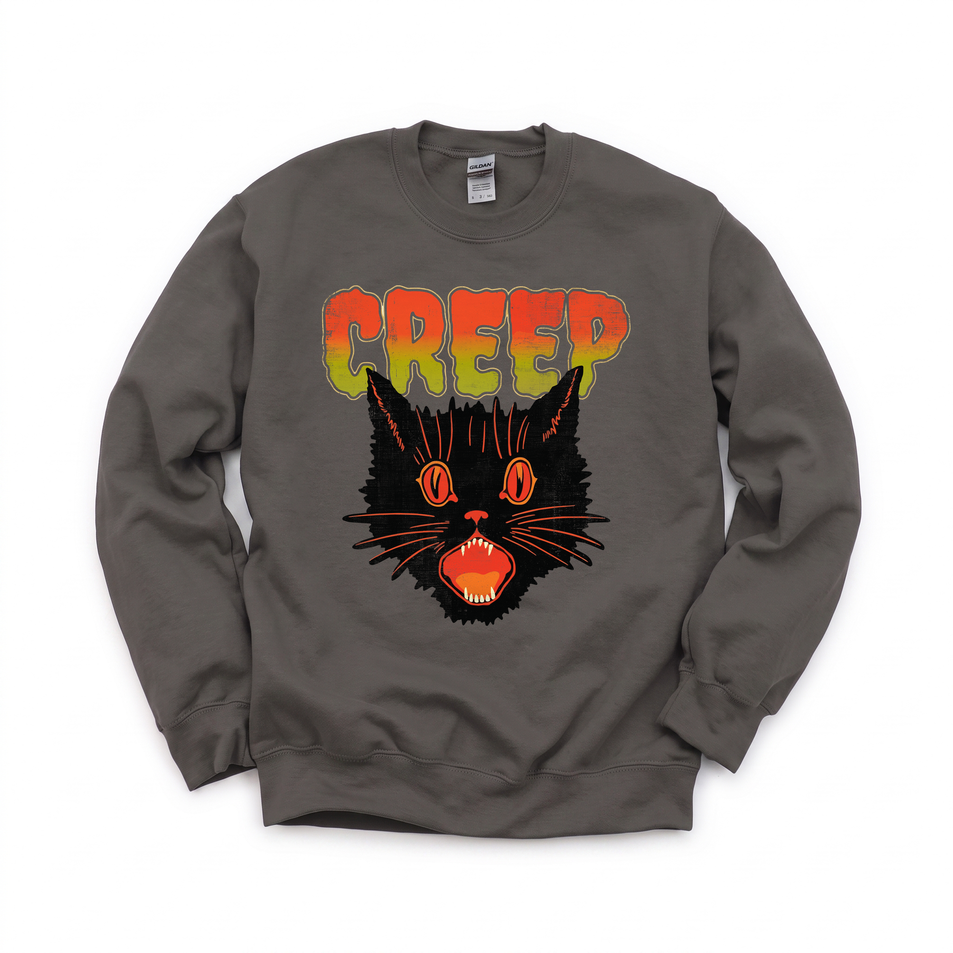 Creep Black Cat graphic on Gildan 18000 in Charcoal