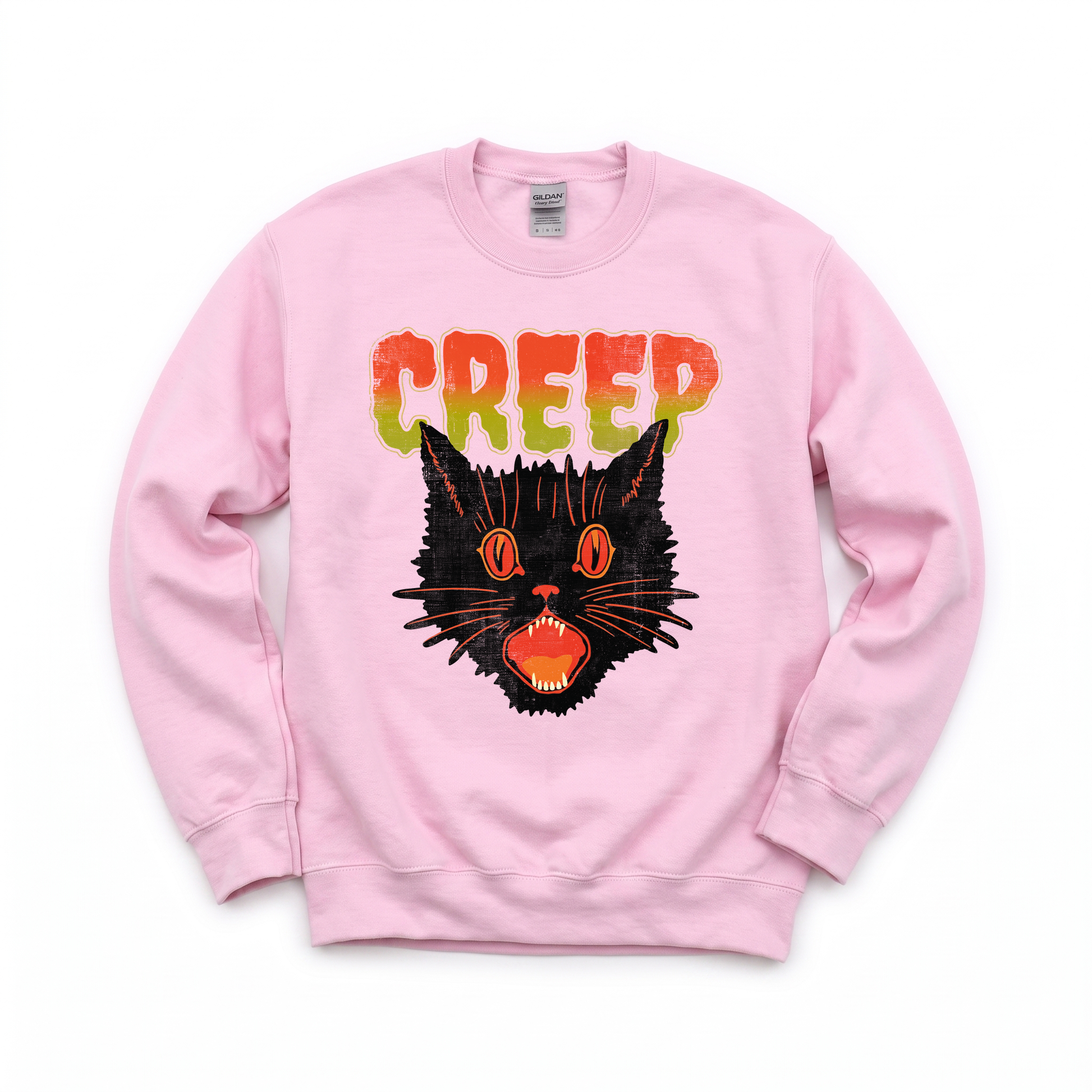 Creep Black Cat graphic on Gildan 18000 in Light Pink