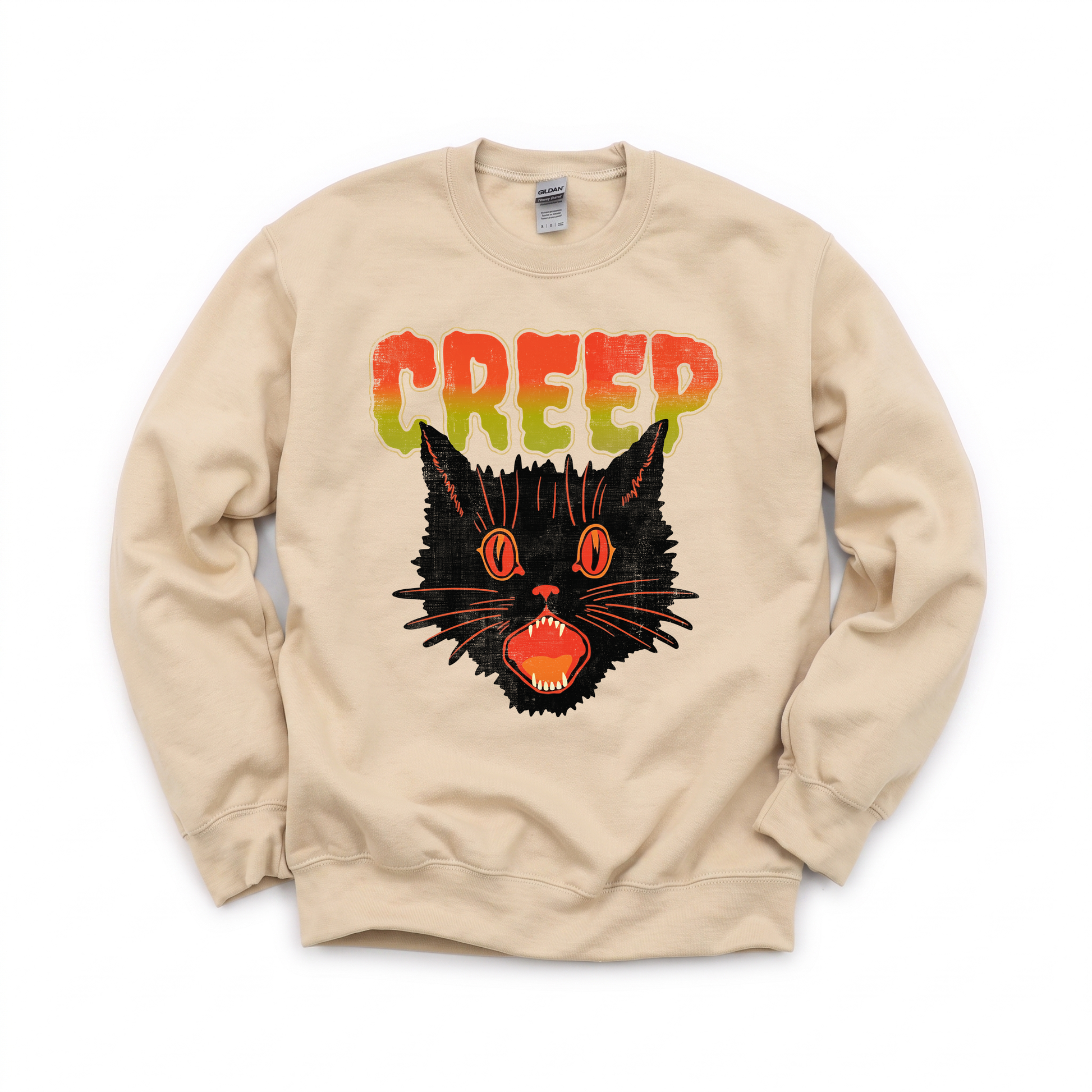 Creep Black Cat graphic on Gildan 18000 in Sand
