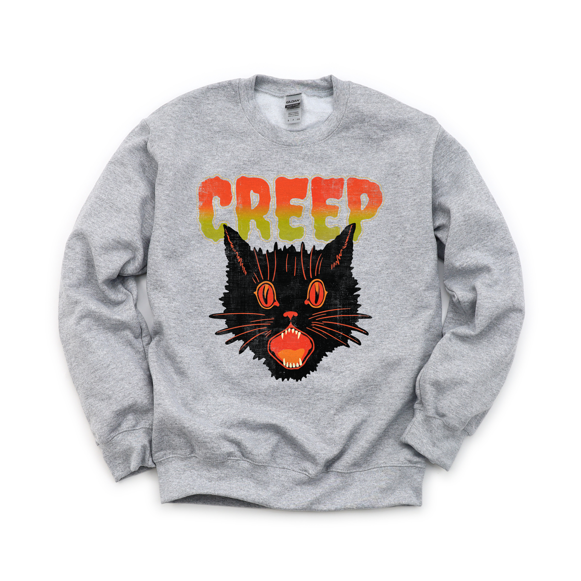 Creep Black Cat graphic on Gildan 18000 in Sport Grey