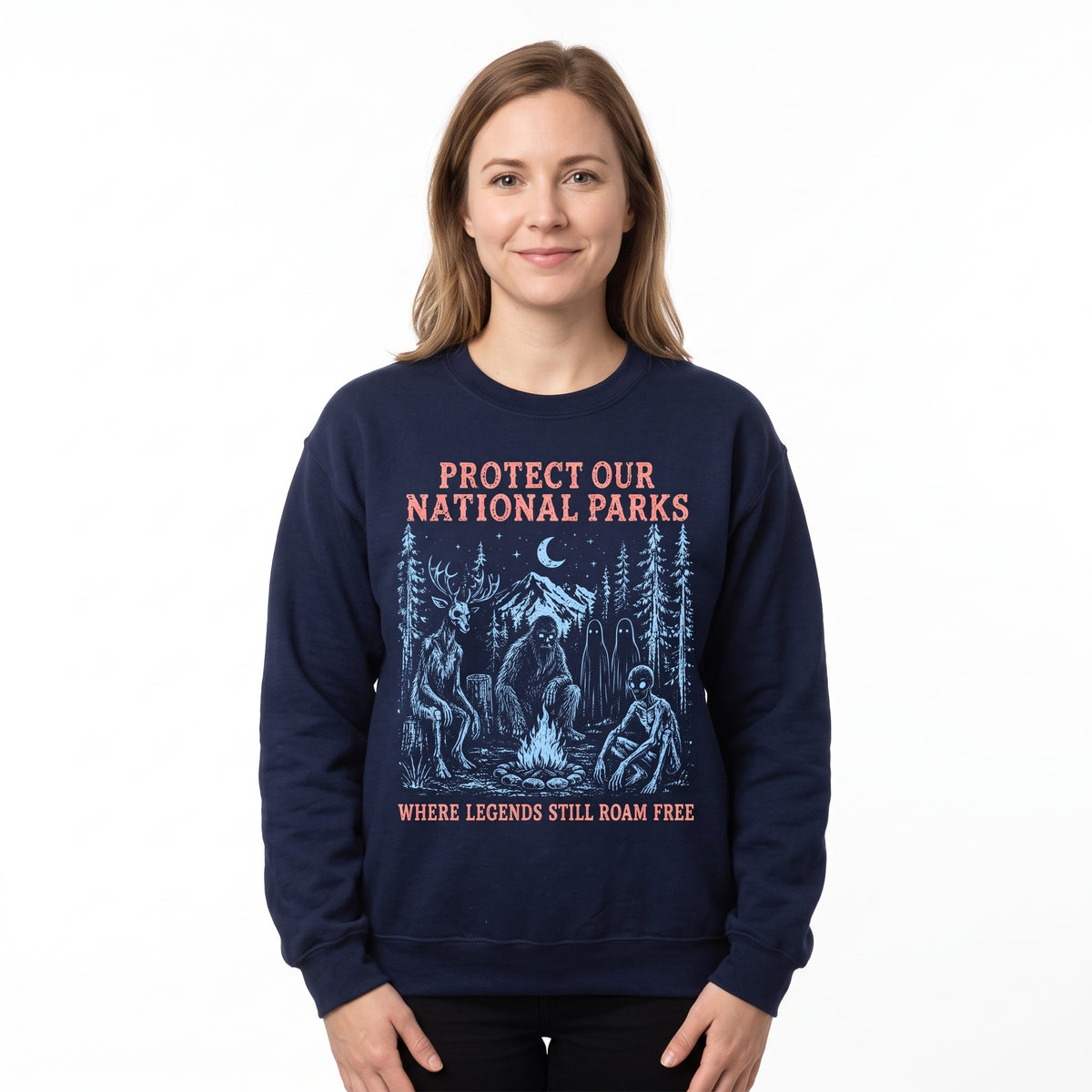 Model wearing the Cryptid Campfire sweatshirt in Navy, cover image 1