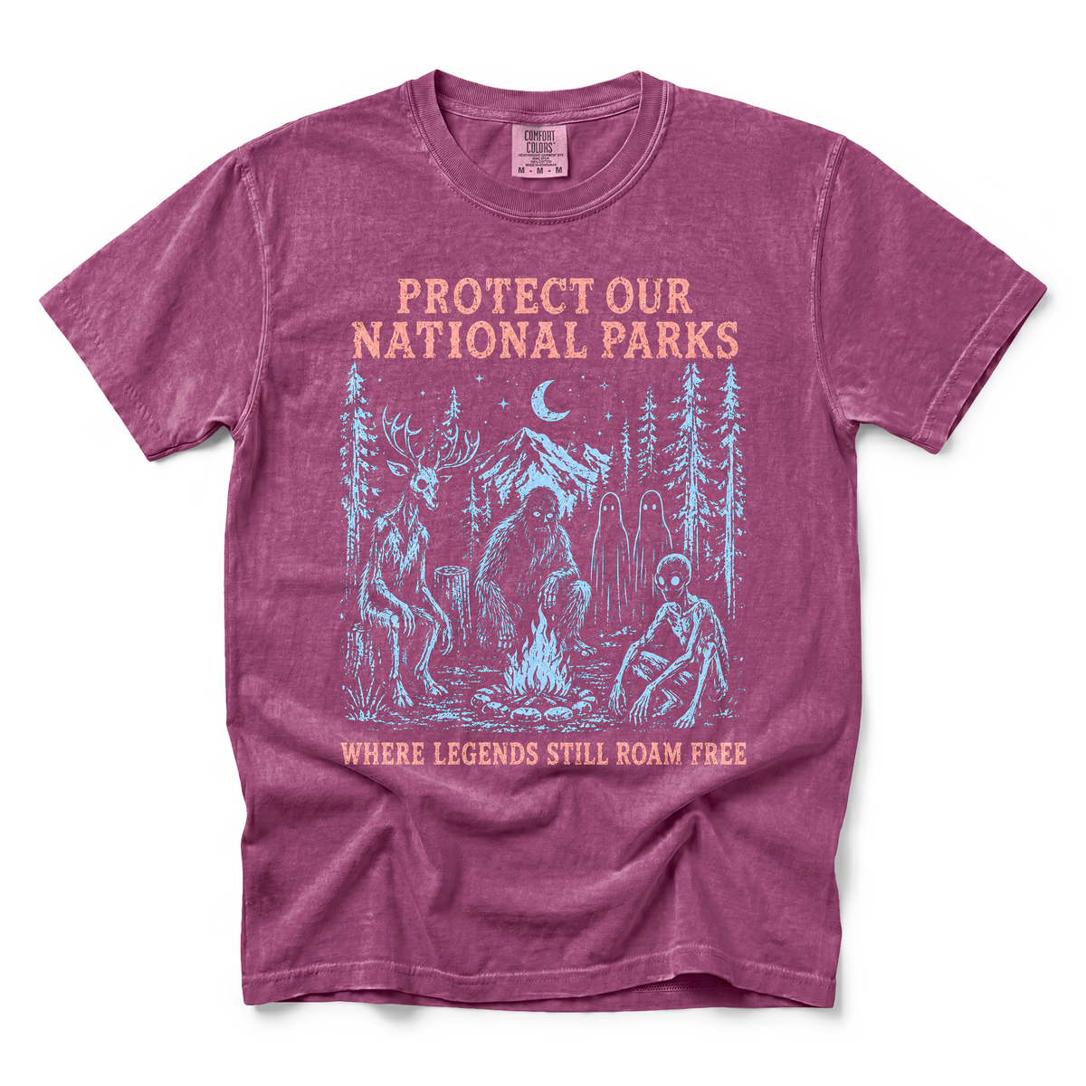 Cryptid Campfire graphic on Comfort Colors 1717 in Berry
