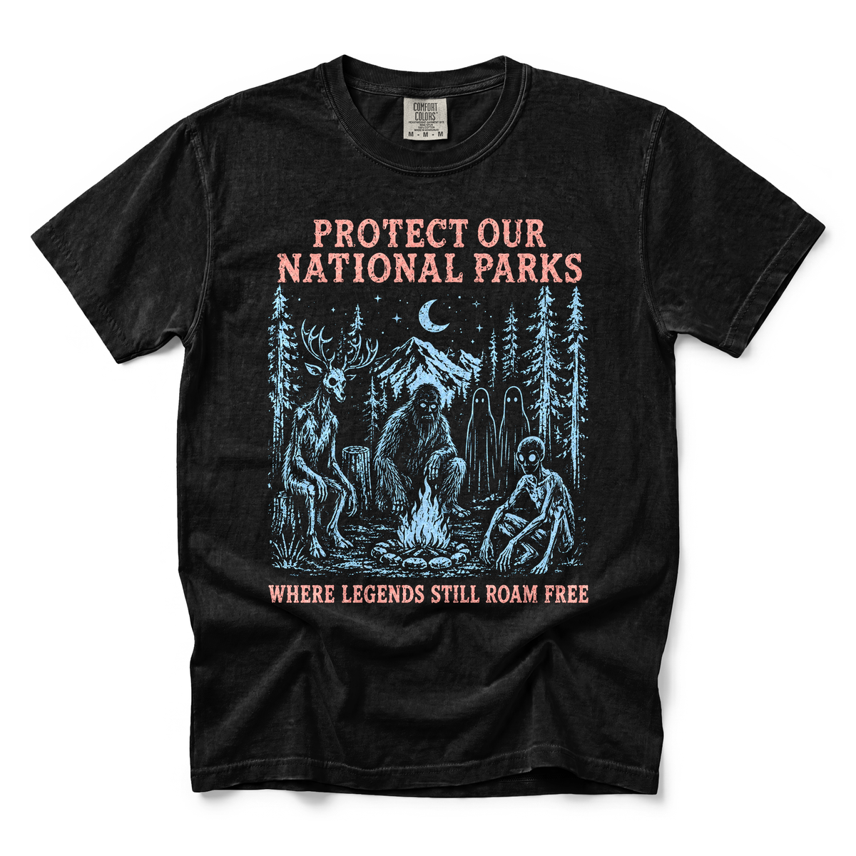 Cryptid Campfire graphic on Comfort Colors 1717 in Black