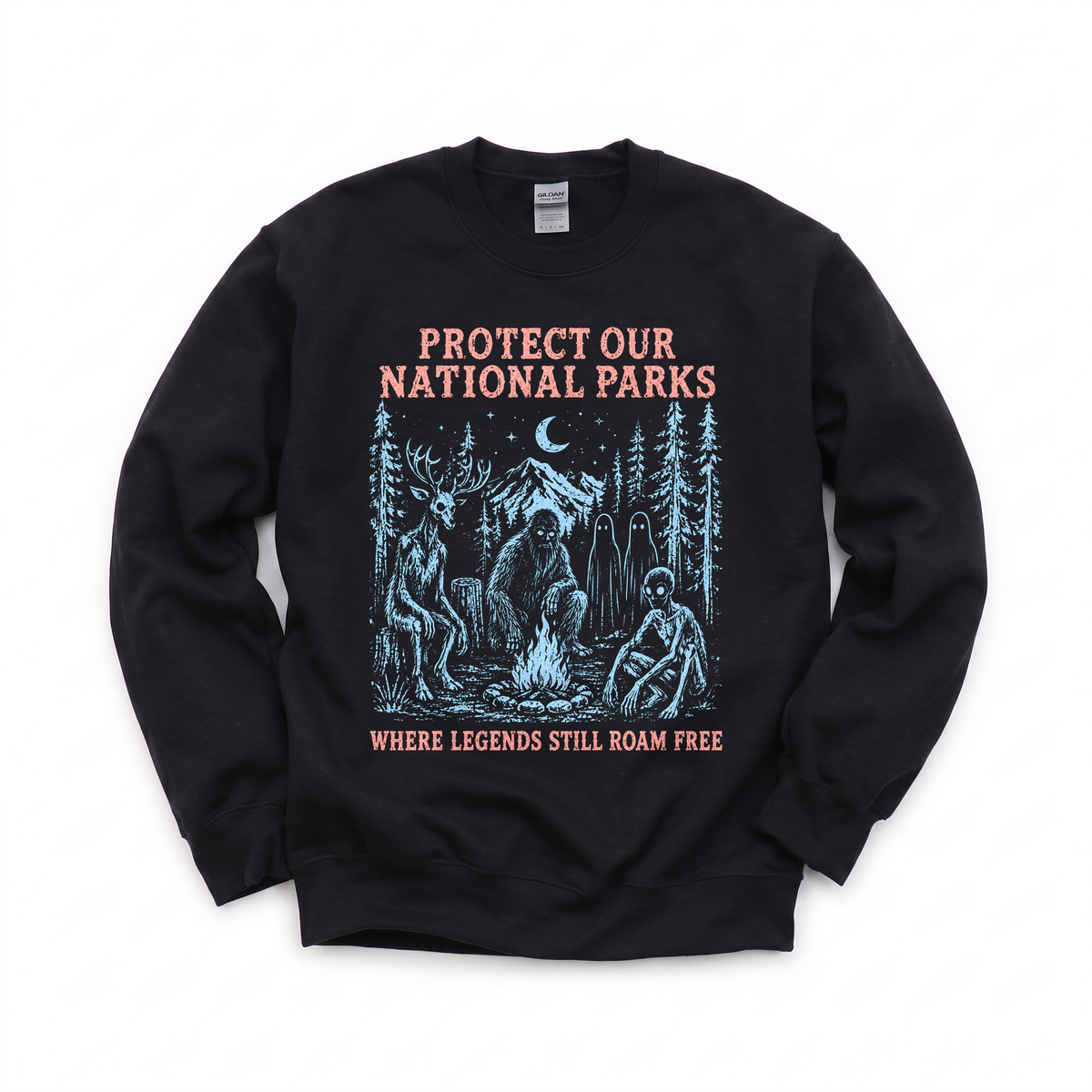 Cryptid Campfire graphic on Gildan 18000 in Black