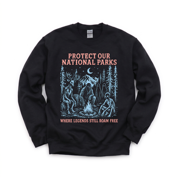 Cryptid Campfire graphic on Gildan 18000 in Black