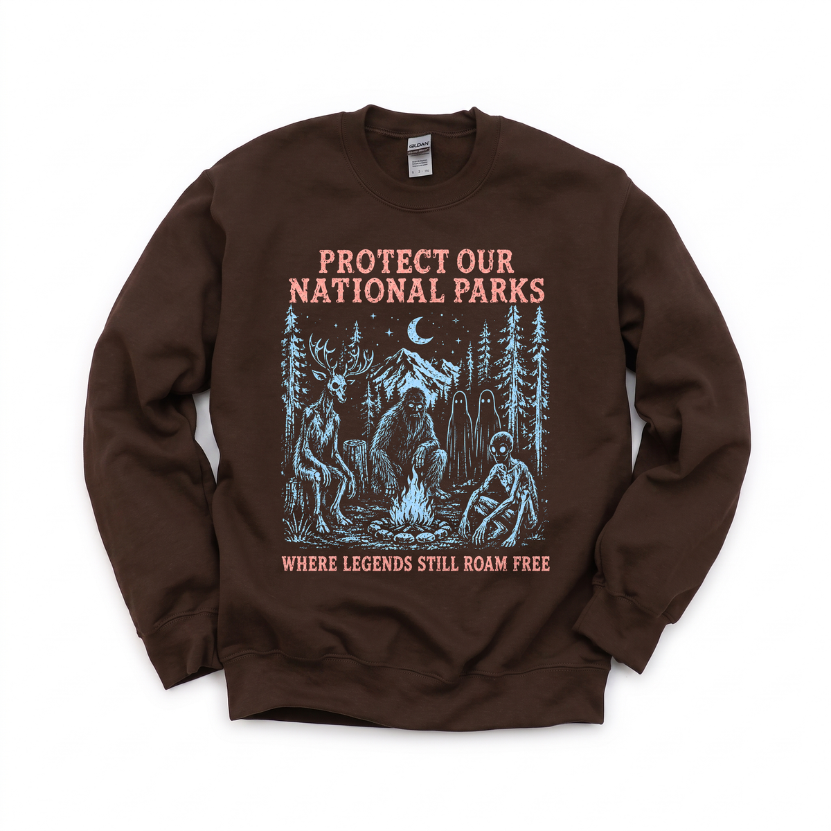 Cryptid Campfire graphic on Gildan 18000 in Dark Chocolate