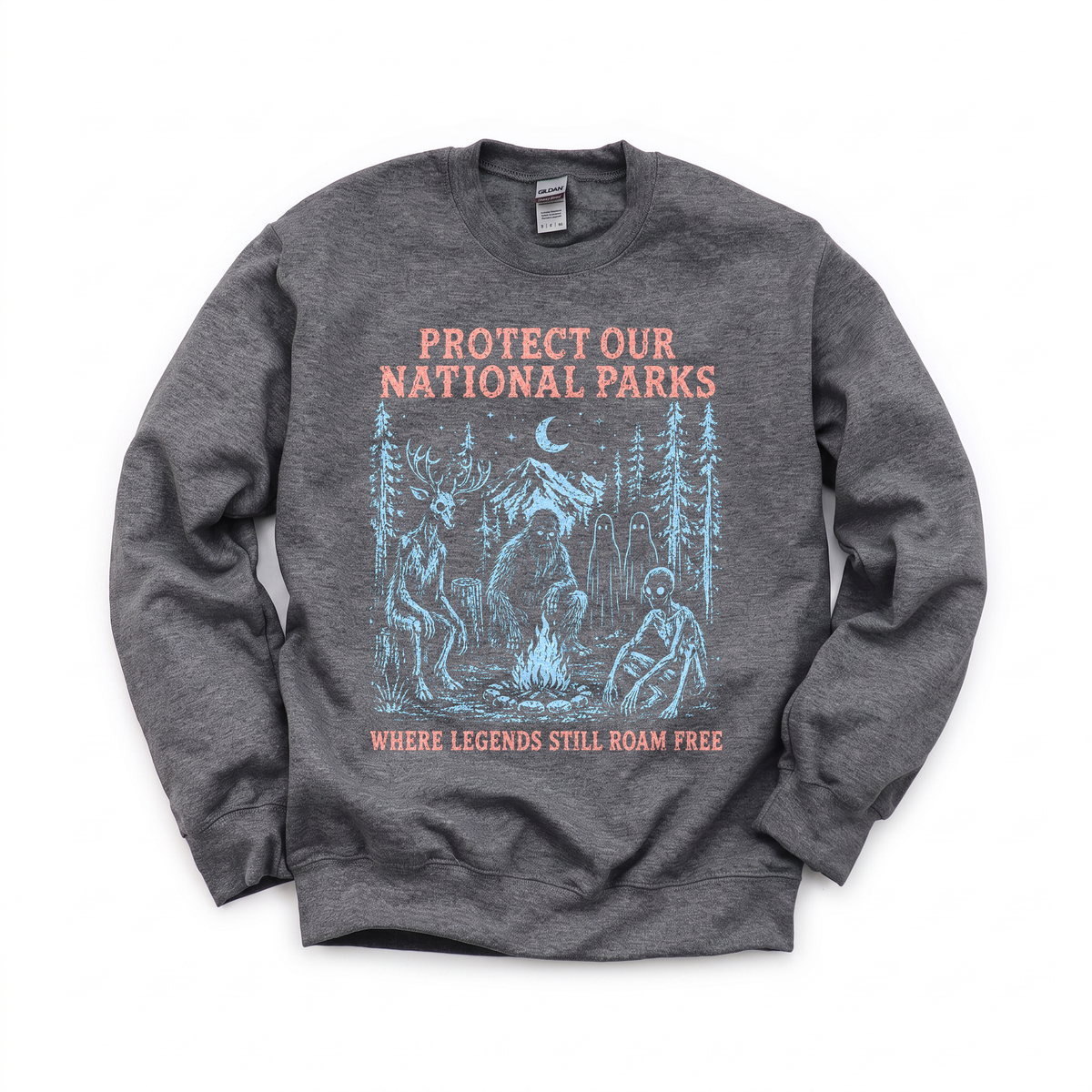 Cryptid Campfire graphic on Gildan 18000 in Dark Heather