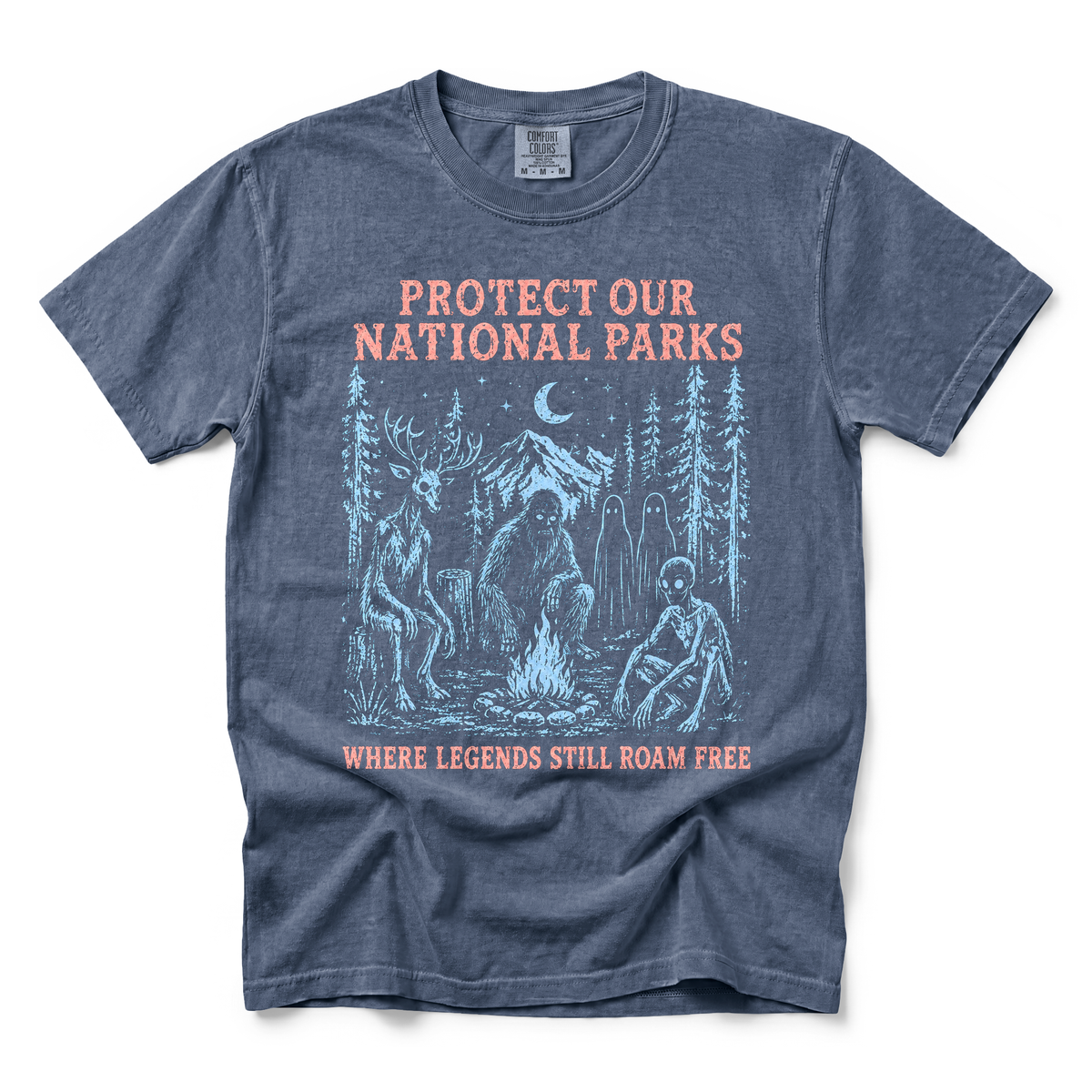 Cryptid Campfire graphic on Comfort Colors 1717 in Denim