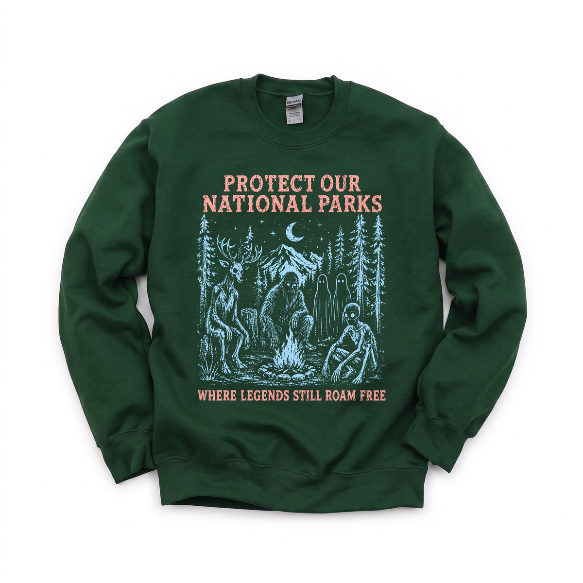 Cryptid Campfire graphic on Gildan 18000 in Forest Green
