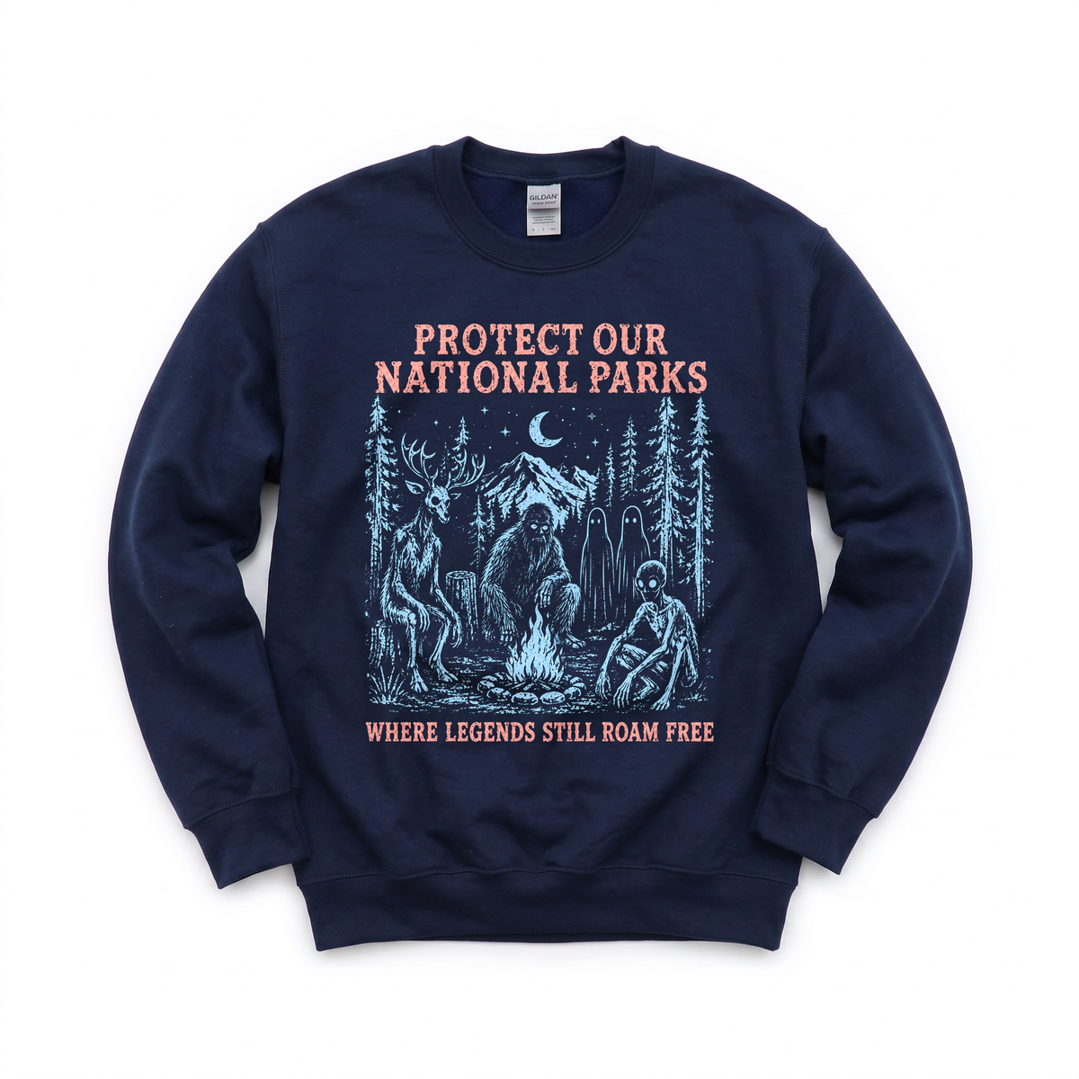 Cryptid Campfire graphic on Gildan 18000 in Navy