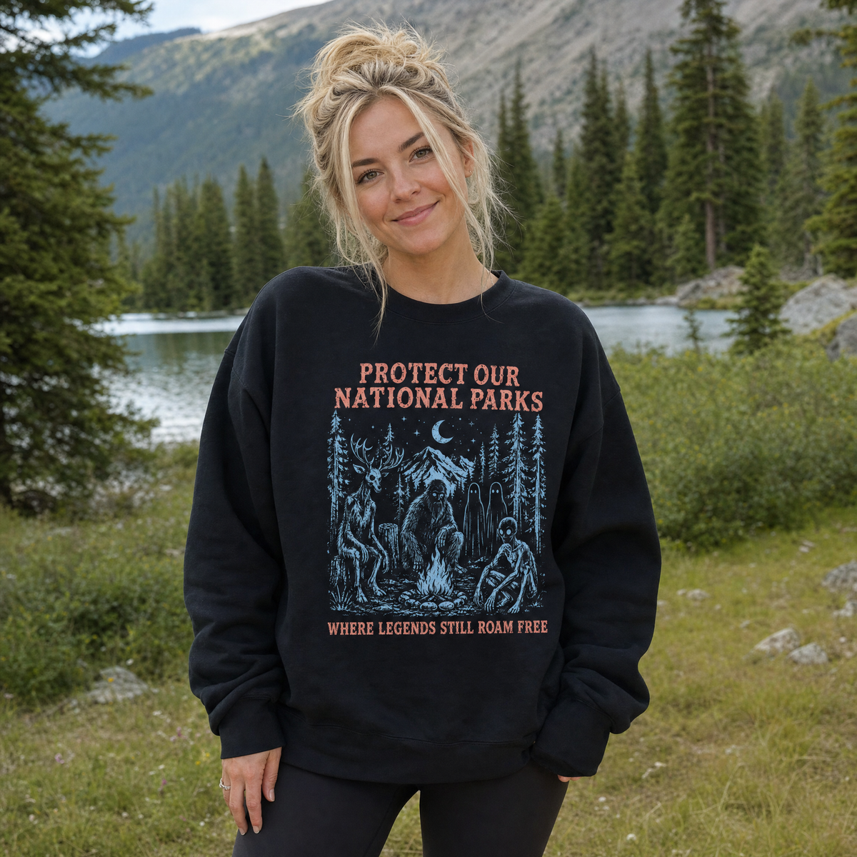Model wearing the Cryptid Campfire sweatshirt in Black