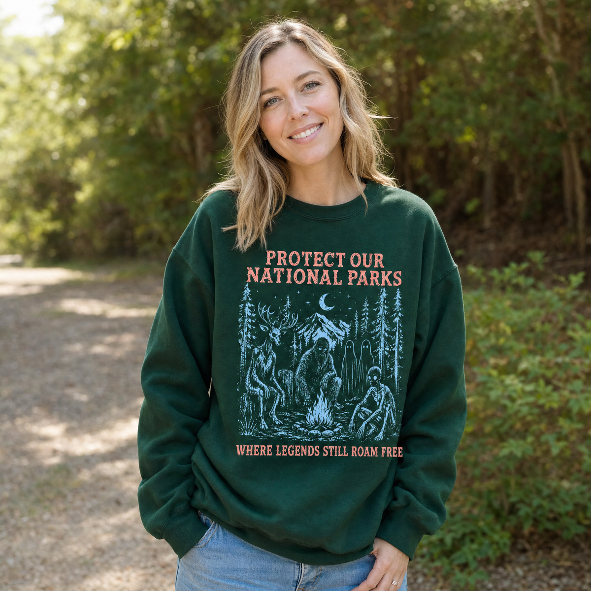Model wearing the Cryptid Campfire sweatshirt in Forest Green