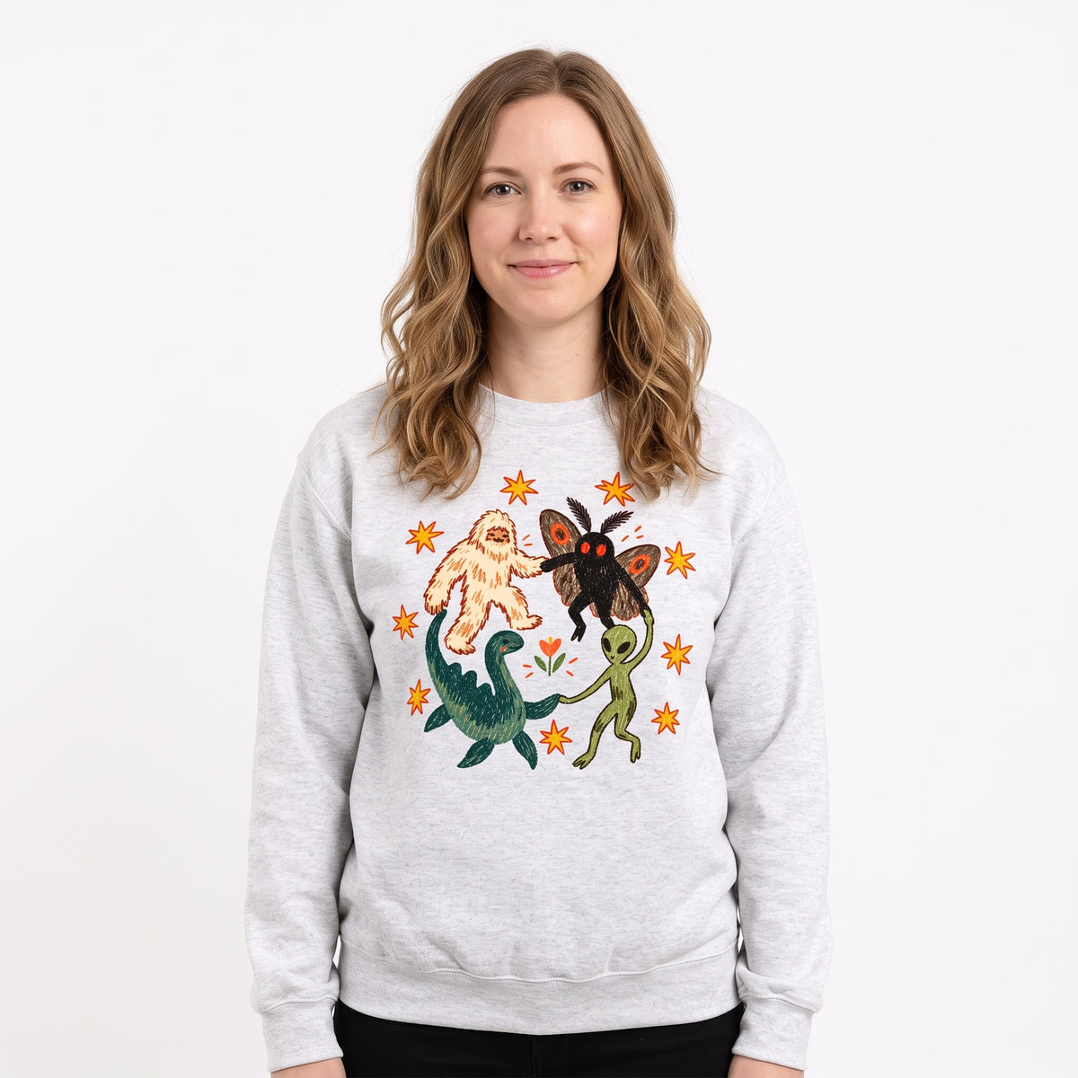 Model wearing the Cryptid Dance Party sweatshirt in Ash, cover image 1