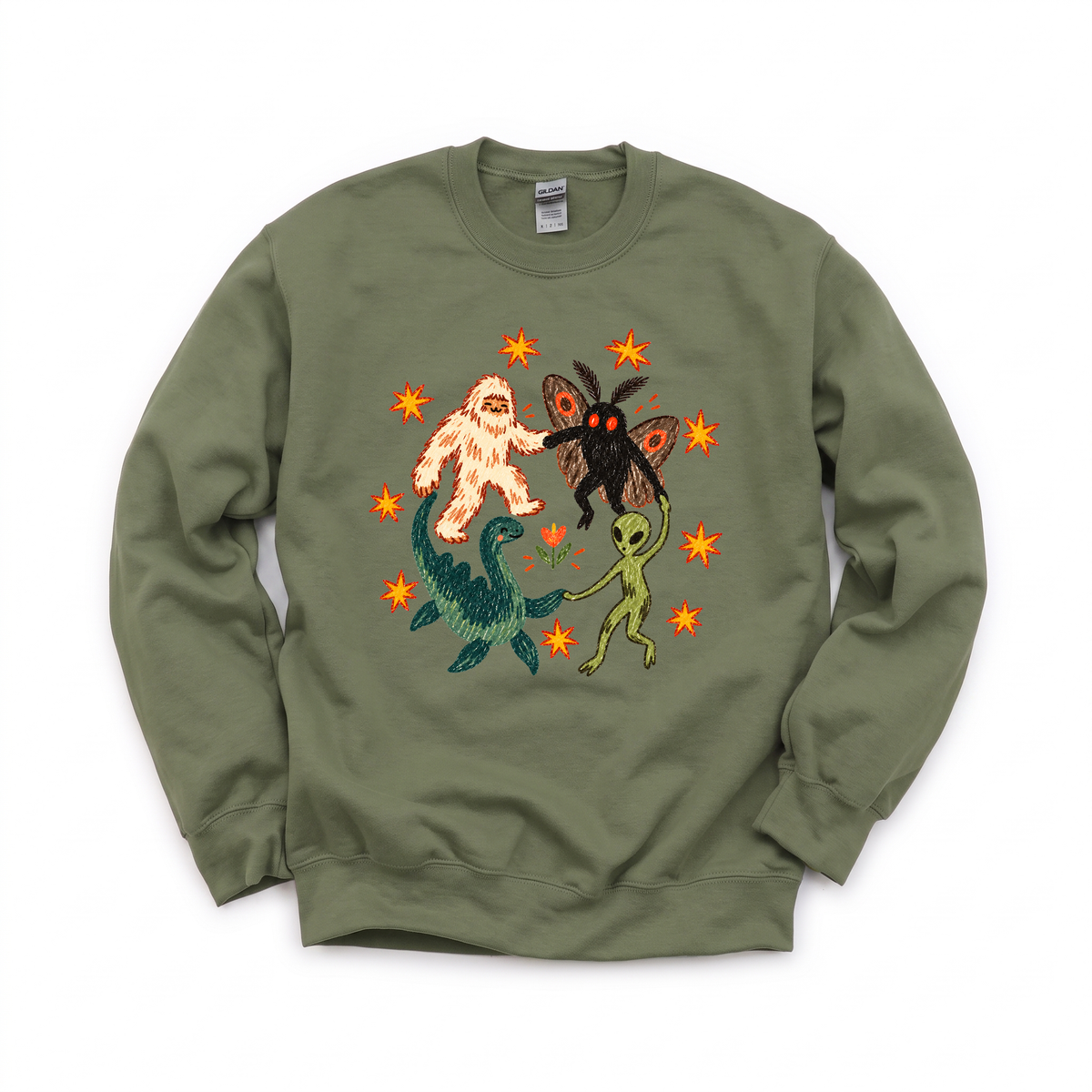 Cryptid Dance Party graphic on Gildan 18000 in Military Green