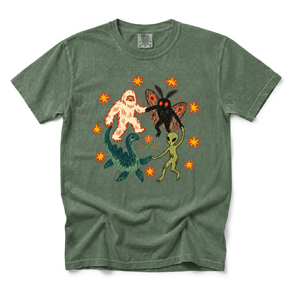 Cryptid Dance Party graphic on Comfort Colors 1717 in Moss
