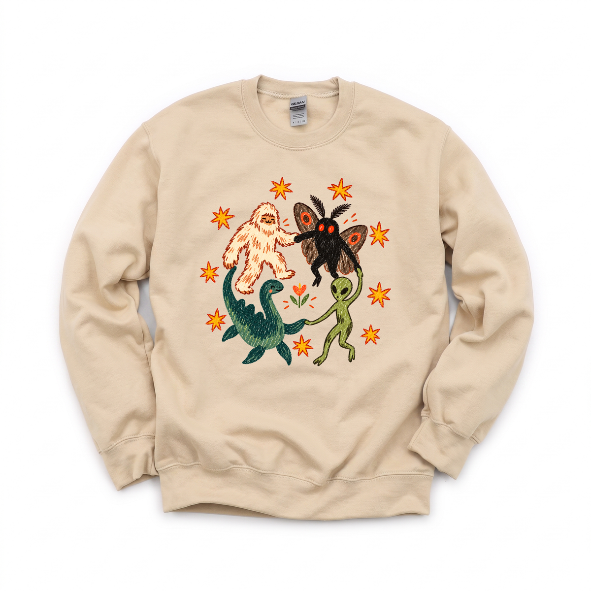 Cryptid Dance Party graphic on Gildan 18000 in Sand