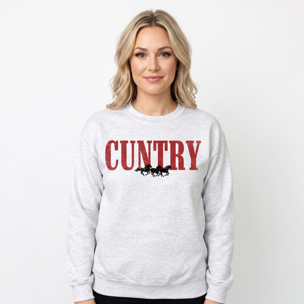 Model wearing the Cuntry Horses sweatshirt in Ash, cover image 1