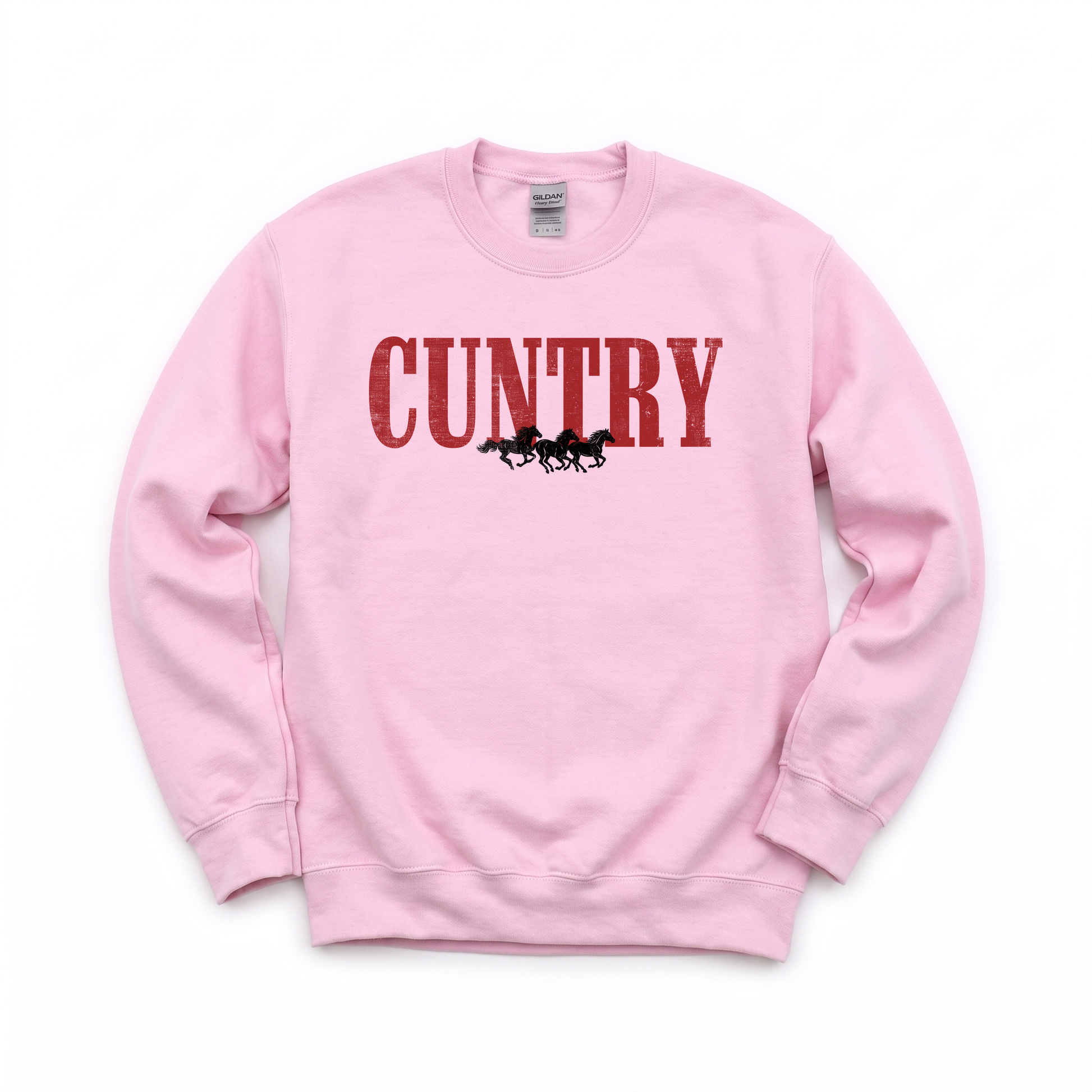 Cuntry Horses graphic on Gildan 18000 in Light Pink