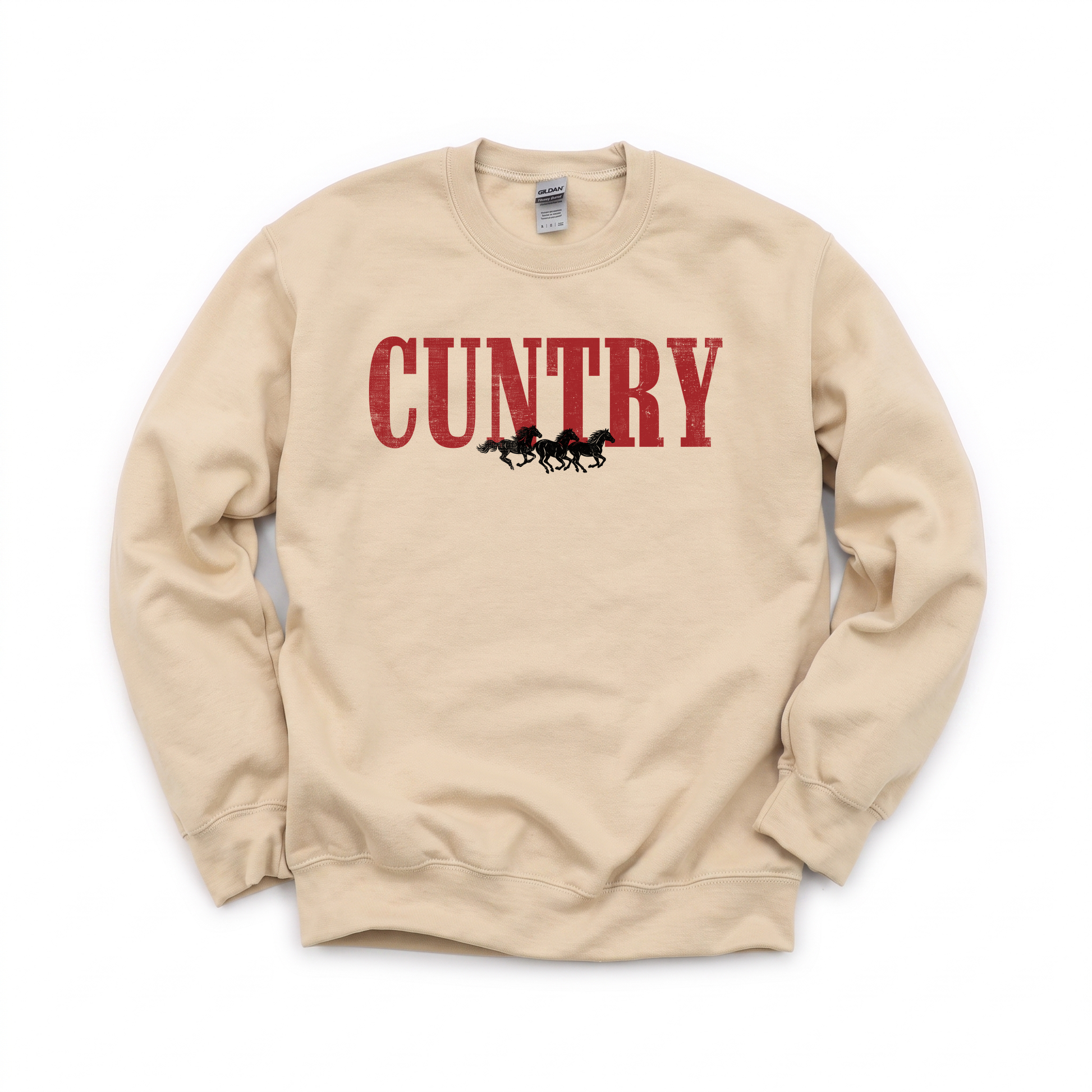 Cuntry Horses graphic on Gildan 18000 in Sand