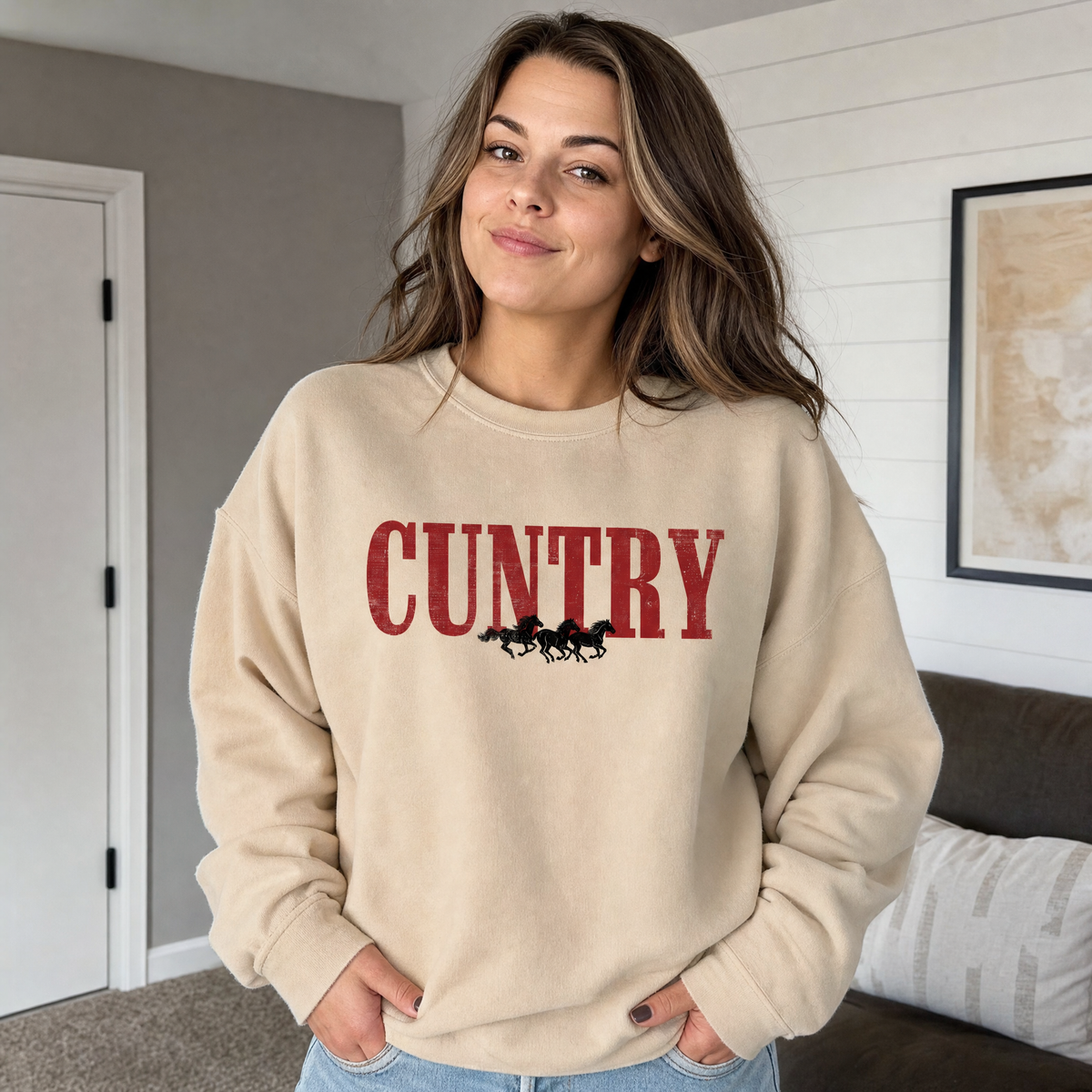 Model wearing the Cuntry Horses sweatshirt in Sand
