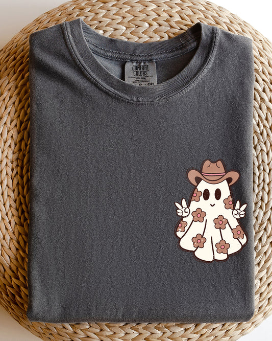 Cute Flower Ghost, Cowboy, Cowgirl, Pocket Print, Halloween, Peace Shirt