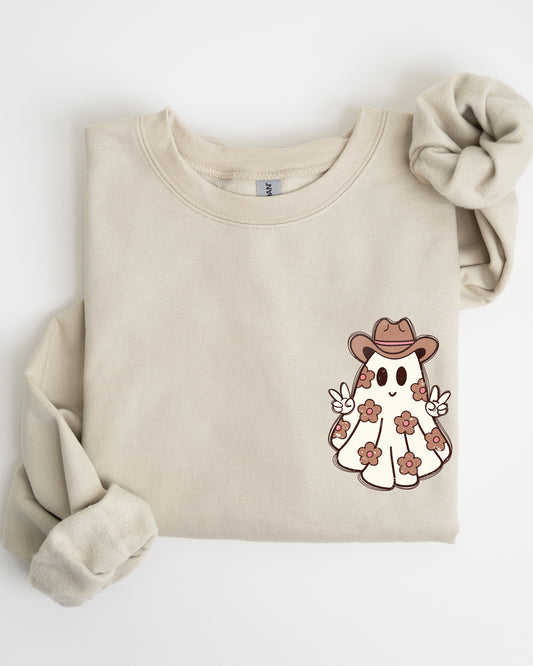 Cute Flower Ghost, Cowboy, Cowgirl, Pocket Print, Halloween, Peace Sweatshirt