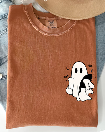 Cute Ghost With Cat, Pocket Print, Halloween, Black Cat, Witch Shirt Comfort Colors T-Shirt