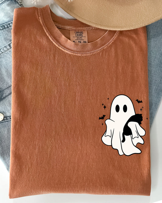 Cute Ghost With Cat, Pocket Print, Halloween, Black Cat, Witch Shirt