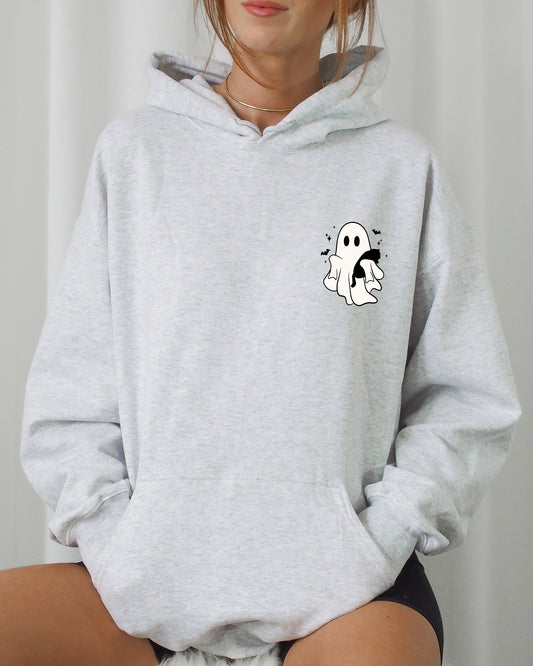 Cute Ghost With Cat, Pocket Print, Halloween, Black Cat, Witch Hooded Sweatshirt