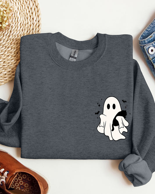 Cute Ghost With Cat, Pocket Print, Halloween, Black Cat, Witch Sweatshirt