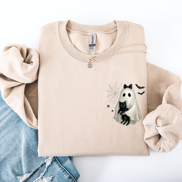 Cute Ghost, Black Cat, Halloween, Coquette, Pocket Sweatshirt