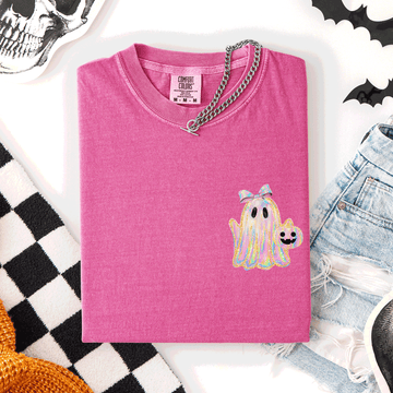 Cute Ghost, Coquette, Ribbon, Faux Glitter, Halloween, Pocket, Comfort Colors T-Shirt
