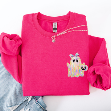 Cute Ghost, Coquette, Ribbon, Faux Glitter, Halloween, Pocket Sweatshirt