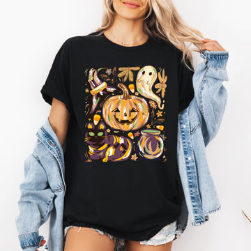 Cute Halloween Painted, Pumpkin, Black Cat, Ghost, Witch, Tshirt