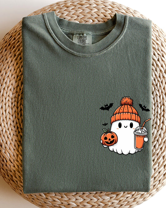 Cute Orange Ghost, Pocket Print, Halloween, Coffee, Bats Shirt