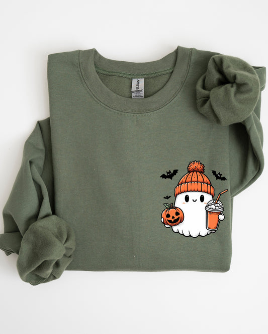 Cute Orange Ghost, Pocket Print, Halloween, Coffee, Bats Sweatshirt