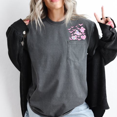 Cute Pastel Ghosts, Pocket Print, Halloween, Trendy, Comfort Colors Pocket T-Shirt