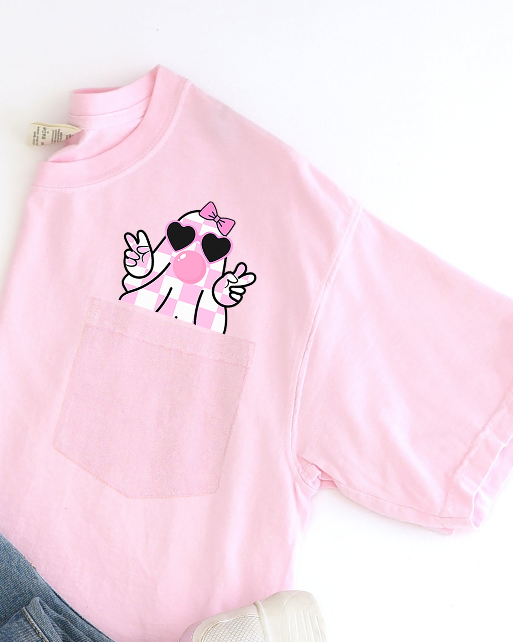 Cute Pink Bubblegum Ghost, Pocket, Halloween, Peace, Bow, Ribbon Tee Comfort Colors T-Shirt