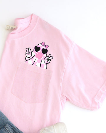 Cute Pink Bubblegum Ghost, Pocket, Halloween, Peace, Bow, Ribbon Tee Comfort Colors T-Shirt