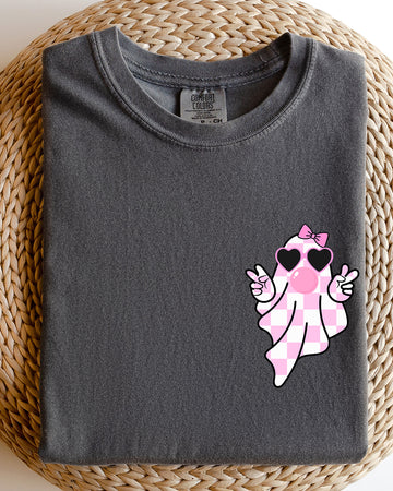 Cute Pink Bubblegum Ghost, Pocket print, Halloween, Peace, Bow, Ribbon Shirt Comfort Colors T-Shirt