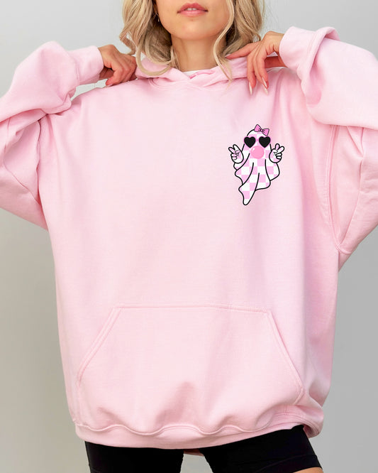 Cute Pink Bubblegum Ghost, Pocket print, Halloween, Peace, Bow,  Ribbon Hooded Sweatshirt