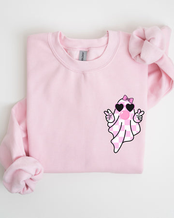 Cute Pink Bubblegum Ghost, Pocket print, Halloween, Peace, Bow, Ribbon Sweatshirt