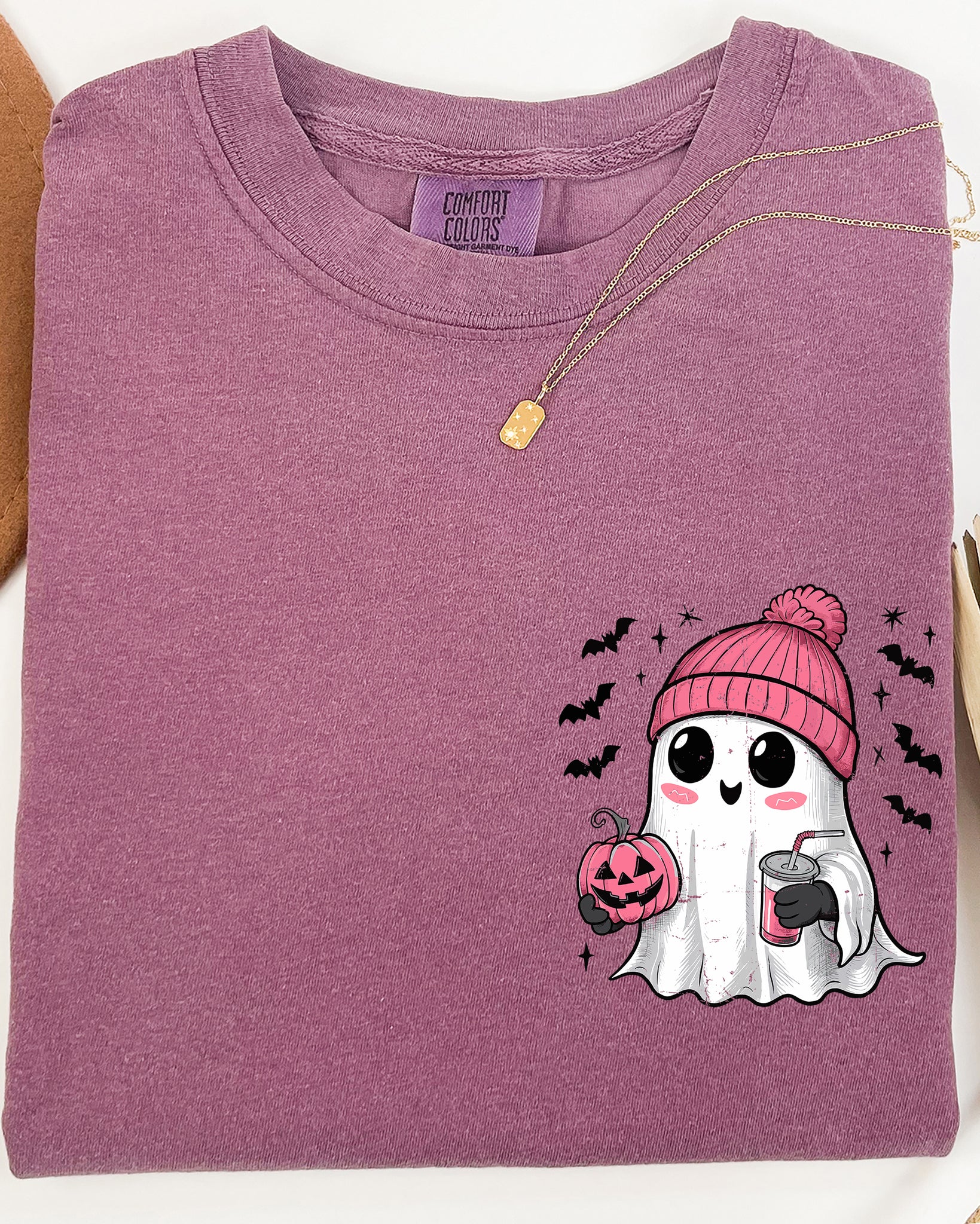 Cute Pink Ghost, Pocket Print, Halloween, Coffee, Bats Shirt Comfort Colors T-Shirt