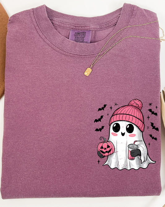 Cute Pink Ghost, Pocket Print, Halloween, Coffee, Bats Shirt