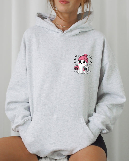 Cute Pink Ghost, Pocket Print, Halloween, Coffee, Bats Hooded Sweatshirt